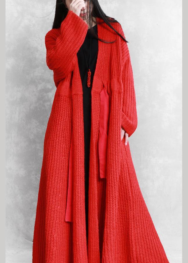 fine red woolen coats Loose fitting v neck drawstring long jackets women coats - SooLinen