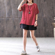 Feines Sommer-Baumwollmisch-T-Shirt Locker sitzender Streifen Lässiger Rundhalsausschnitt Kurzarm Rotes T-Shirt