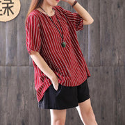 fine summer cotton blended t shirt Loose fitting Stripe Casual Round Neck Short Sleeve Red T-shirt