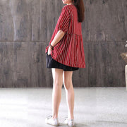 fine summer cotton blended t shirt Loose fitting Stripe Casual Round Neck Short Sleeve Red T-shirt
