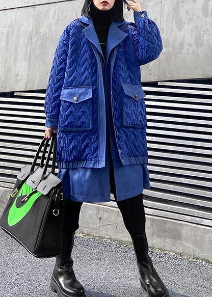 trendy plus size Coats winter outwear blue lapel zippered Parkas for women - SooLinen