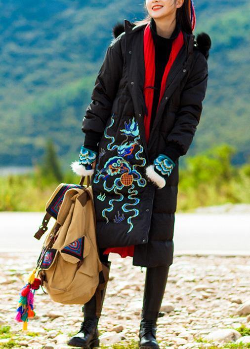 fine trendy plus size snow jackets embroidery overcoat black hooded duck down coat - SooLinen