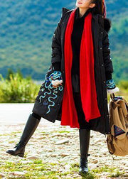 fine trendy plus size snow jackets embroidery overcoat black hooded duck down coat - SooLinen