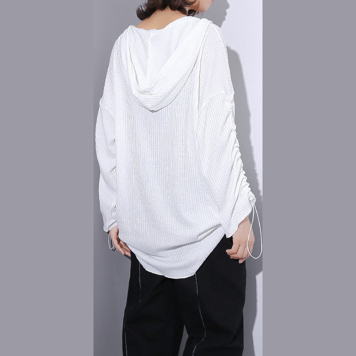 fine white Midi-length cotton blended t shirt oversized Hooded baggy traveling clothing casual long sleeve asymmetrical design cotton blended tops