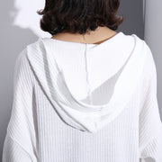 fine white Midi-length cotton blended t shirt oversized Hooded baggy traveling clothing casual long sleeve asymmetrical design cotton blended tops