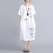 feines weißes Baumwollkleid plus Größe Reisekleid Vintage-O-Neck-Prints natürliches Baumwollkleid