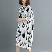 fine white print natural cotton linen dress oversized maxi dress fine half sleeve O neck Stand cotton clothing