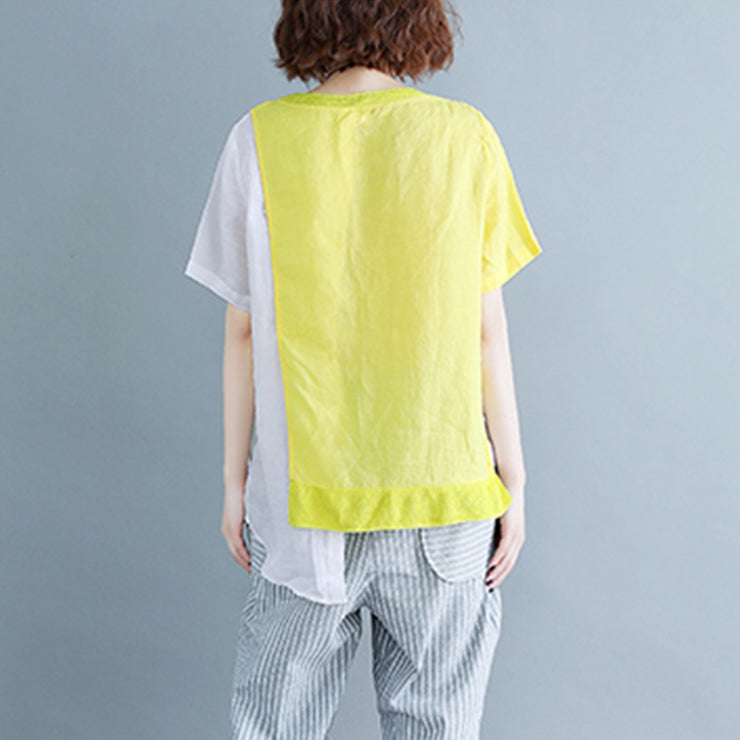fine yellow cotton linen tops plus size linen clothing tops 2018 o neck patchwork short sleeve brief t shirt