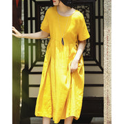 fine yellow natural linen dress trendy plus size O neck traveling clothing Elegant short sleeve tie waist maxi dresses