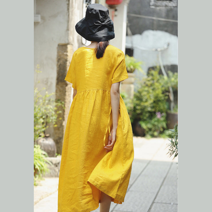 feines gelbes Kleid aus natürlichem Leinen, trendy plus Größe, O-Ausschnitt, Reisekleidung, elegante Kurzarm-Maxikleider mit Bindegürtel