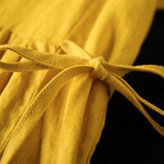 feines gelbes Kleid aus natürlichem Leinen, trendy plus Größe, O-Ausschnitt, Reisekleidung, elegante Kurzarm-Maxikleider mit Bindegürtel