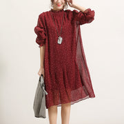 trendy burgundy dotted summer dress Stand long sleeve bridesmaid dress Cinched tulle dress