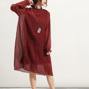 trendy burgundy dotted summer dress Stand long sleeve bridesmaid dress Cinched tulle dress
