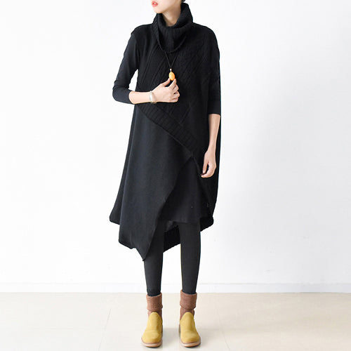 zweiteilige schwarze Strickkleider asymmetrisches Winterkleid asymmetrisches Design 2021 Winter