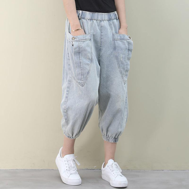 tyle summer wild pants plus size clothing light denim blue Work pockets trousers - SooLinen