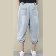 tyle summer wild pants plus size clothing light denim blue Work pockets trousers - SooLinen