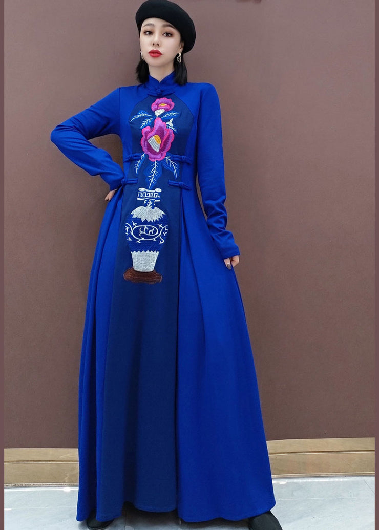 vintage Blue Stand Collar Embroidered long Dresses Spring