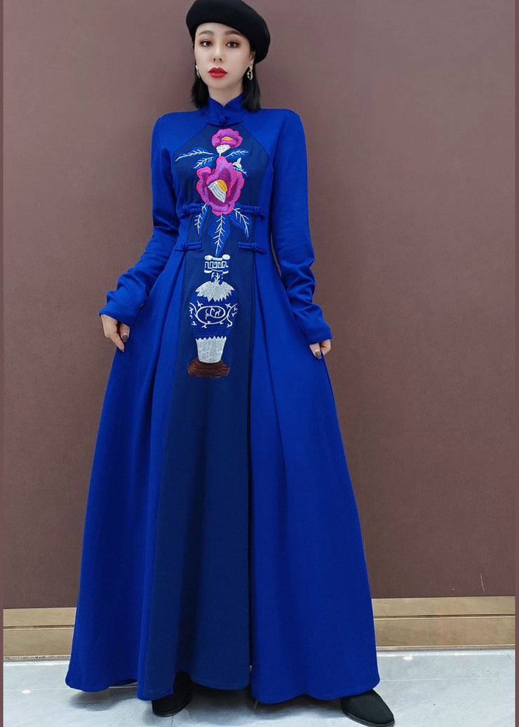 vintage Blue Stand Collar Embroidered long Dresses Spring