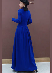 Vintage blau Stehkragen bestickt lange Kleider Frühling