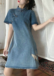 vintage Blue Stand Collar button Embroidered Denim Dresses Short Sleeve