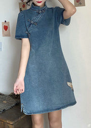 vintage Blue Stand Collar button Embroidered Denim Dresses Short Sleeve