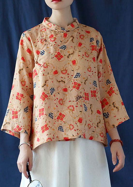 vintage Khaki button print Linen Shirt tops Three Quarter sleeve