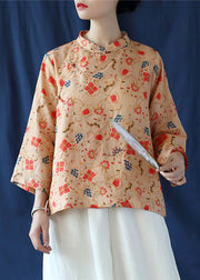 Vintage Leinenhemd mit Khaki-Knopfdruck und Dreiviertelärmeln