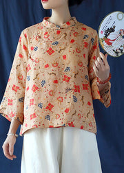 vintage Khaki button print Linen Shirt tops Three Quarter sleeve
