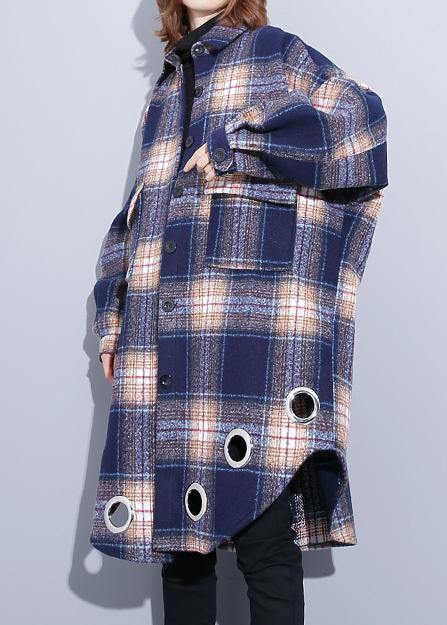 vintage Loose fitting Winter coat blue purple plaid lapel pockets wool overcoat - SooLinen