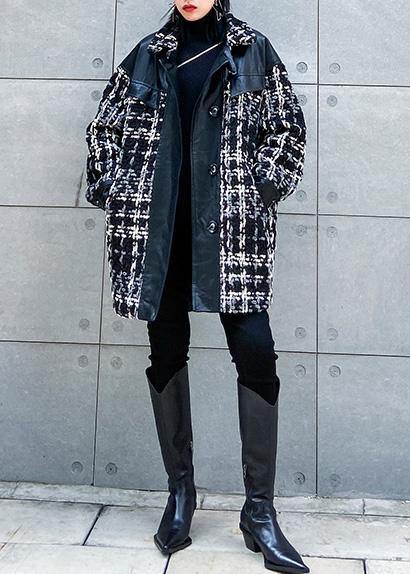 vintage Loose fitting Winter coat thick outwear plaid patchwork woolen coats - SooLinen