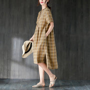 vintage Midi-length cotton dress plus size Lattice Summer Women Dress with Button