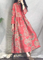 vintage Red Cinched Stand Collar Print Linen long Dresses Spring
