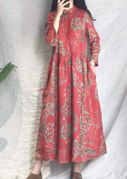 Vintage Red Cinched Stehkragen Print Leinen lange Kleider Frühling