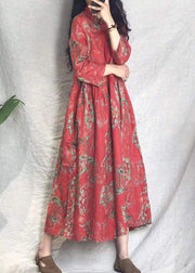 Vintage Red Cinched Stehkragen Print Leinen lange Kleider Frühling