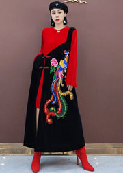 Vintage rote orientalische bestickte Patchwork-Velours-lange Kleider Frühling