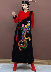 vintage Red Oriental Embroidered Patchwork Velour long Dresses Spring