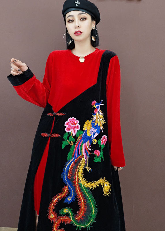 Vintage rote orientalische bestickte Patchwork-Velours-lange Kleider Frühling