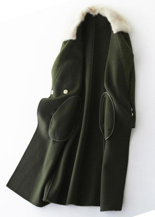 vintage army green Woolen Coats oversized trench coat fur collar women coats Notched - SooLinen