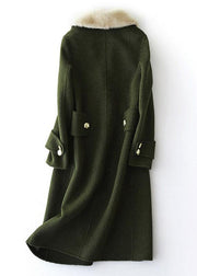 vintage army green Woolen Coats oversized trench coat fur collar women coats Notched - SooLinen