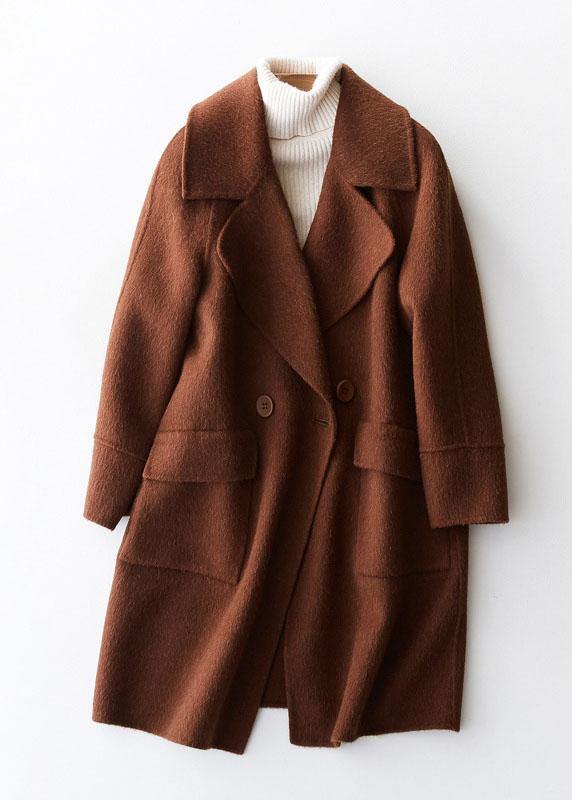 vintage beige Woolen Coat Women plus size medium length jackets big pockets woolen outwear lapel collar - SooLinen