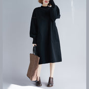 vintage black Midi cotton dresses oversize warm long sleeve thick cotton clothing dresses o neck holiday dresses