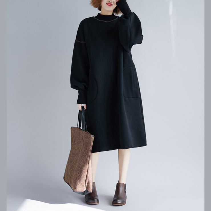 Vintage schwarze Midi-Baumwollkleider, übergroße, warme, langärmlige, dicke Baumwollkleidung, Kleider mit O-Ausschnitt, Urlaubskleider