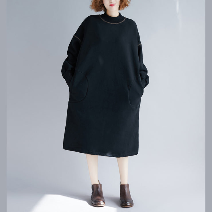 Vintage schwarze Midi-Baumwollkleider, übergroße, warme, langärmlige, dicke Baumwollkleidung, Kleider mit O-Ausschnitt, Urlaubskleider
