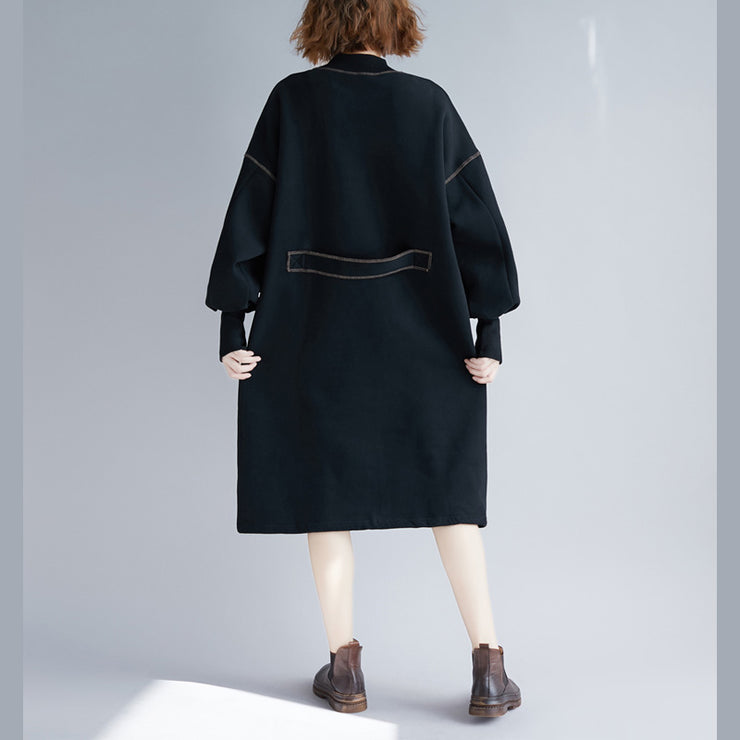 vintage black Midi cotton dresses oversize warm long sleeve thick cotton clothing dresses o neck holiday dresses