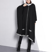 vintage black coat Loose fitting turn-down collar zippered long coat 2018 Batwing Sleeve asymmetric Coat