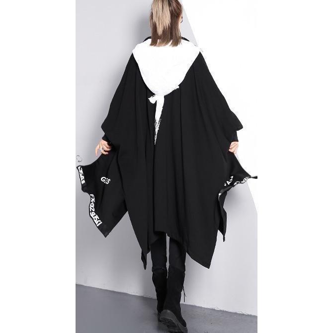 Vintage schwarzer Mantel Locker sitzender Umlegekragen mit Reißverschluss langer Mantel 2018 Fledermausärmel asymmetrischer Mantel