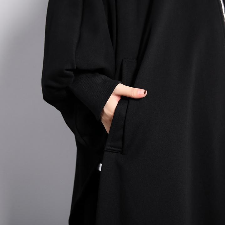 vintage black coat Loose fitting turn-down collar zippered long coat 2018 Batwing Sleeve asymmetric Coat