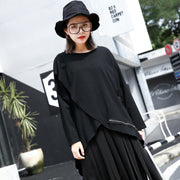 Vintage schwarzer Baumwollmischpullover plus Größe O-Ausschnitt asymmetrische Hemden 2018 Langarm-Reißverschluss kurzes T-Shirt