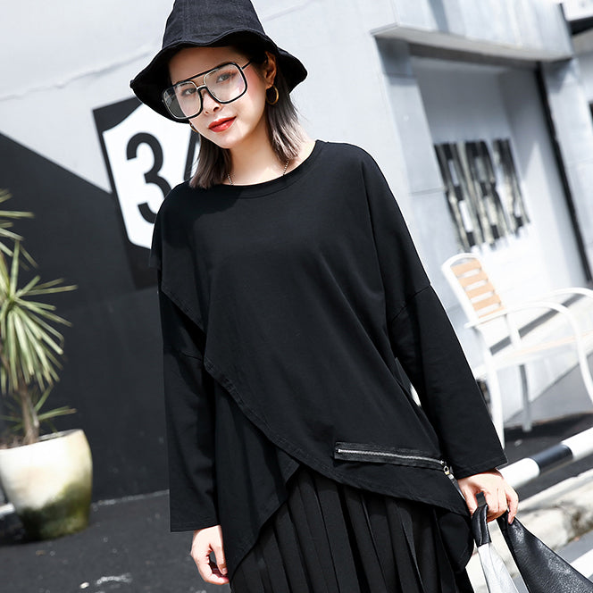 Vintage schwarzer Baumwollmischpullover plus Größe O-Ausschnitt asymmetrische Hemden 2018 Langarm-Reißverschluss kurzes T-Shirt