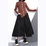 Vintage schwarze Baumwolle Oversize A-Linien-Röcke feine Taschen Kordelzug-Rock